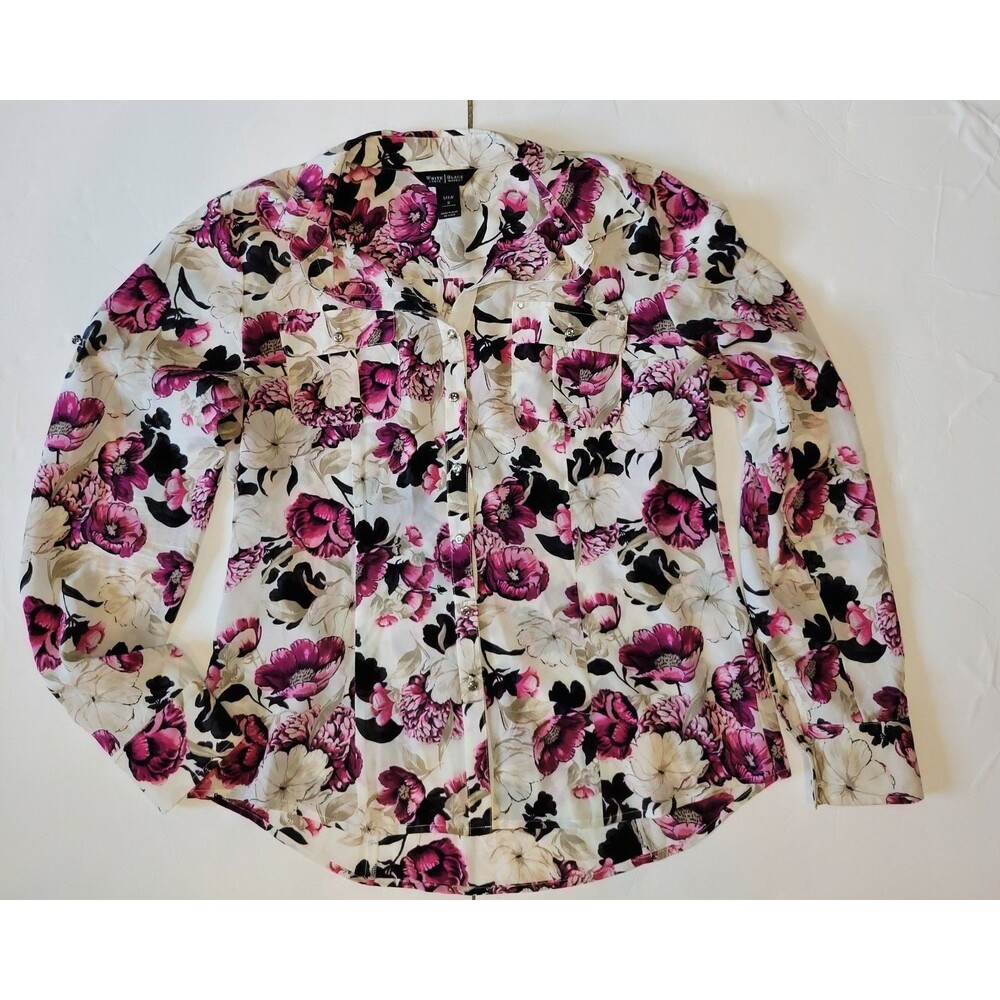 White House Black Market Silk Floral Button Front old money style Blouse 8